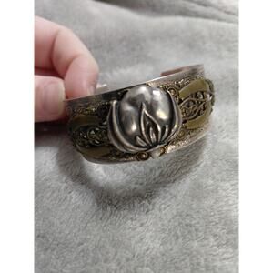 Vintage Silver And Gold Toned Cuff Bracelet Cotton Boll Fillagree Farmer Core